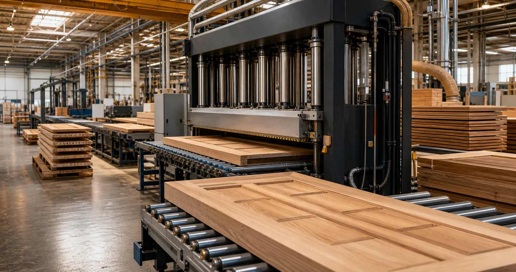 Wooden door panels moving through a modern industrial manufacturing press line